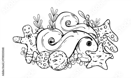 Christmas gingerbread cookies with saffron buns, berry branches monochrome vector illustration painted by black inks. Traditional pastry etching drawing for Xmas greeting cards, holiday decor