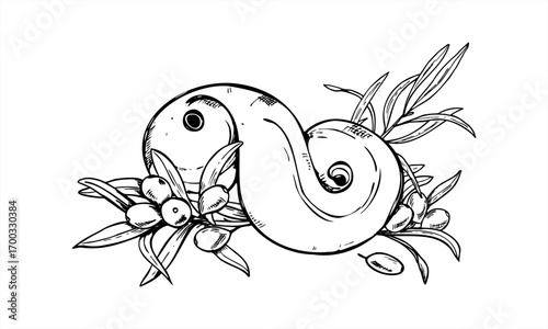 Swedish saffron bun with sea buckthorn branch monochrome vector illustration painted by black inks. Lussekatt and wild berries with leaves outline drawing for Xmas baking recipes, Scandinavian decor