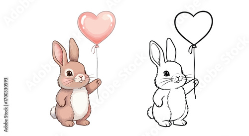 Cute Bunny with Valentine Balloon Coloring Page Black White Holiday Themed Illustration