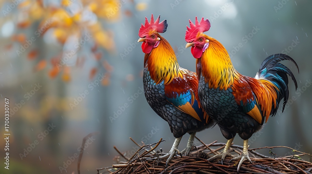 Fototapeta premium Two Roosters Standing Proudly in a Misty Autumn Forest