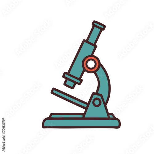 A simple flat design illustration of a teal colored laboratory microscope with a dark outline isolated on transparent background