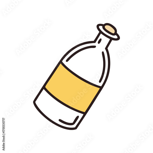 Stylized cartoon illustration of a white glass bottle with a yellow label and a cork stopper isolated on transparent background