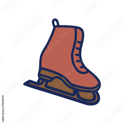 Stylized illustration of a classic figure ice skate with laces and a metal blade isolated on transparent background