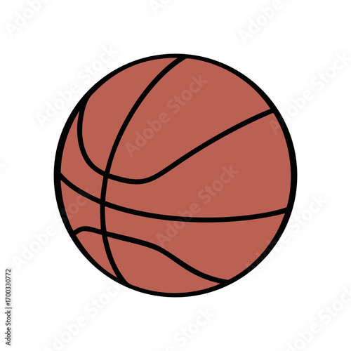 A simple cartoon illustration of a classic orange basketball with black lines isolated on transparent background