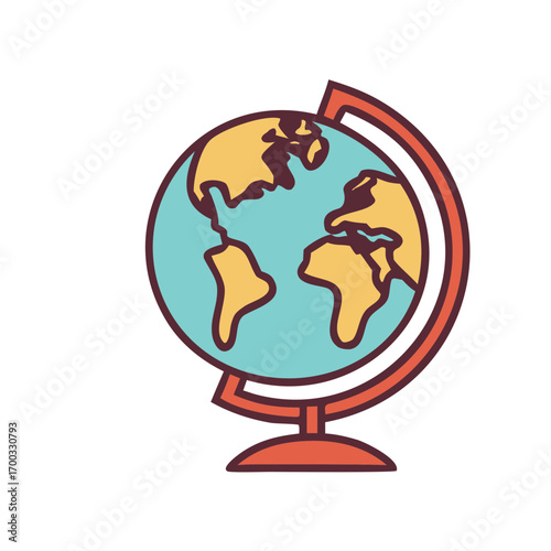 Stylized flat illustration of a world globe with continents in yellow and oceans in blue on a red stand isolated on transparent background