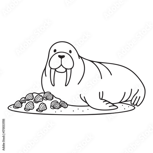 An illustration of walrus on a beach with a pile of shells