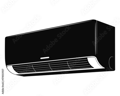 Modern black split system air conditioner unit mounted on a wall for cooling and heating a room