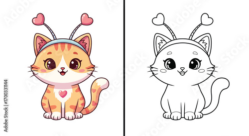 Cute Cat with Heart Antenna Headband Coloring Page Black White Valentine's Day Art