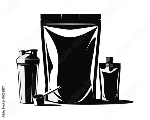 Collection of black and white silhouette illustrations of various packaging for supplements and powders