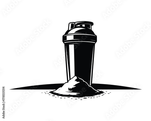 Black and white illustration of a protein shaker bottle with a pile of powder for fitness and health drinks