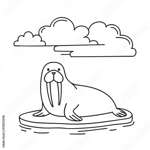 An illustration of walrus under a cloudy sky with drifting ice