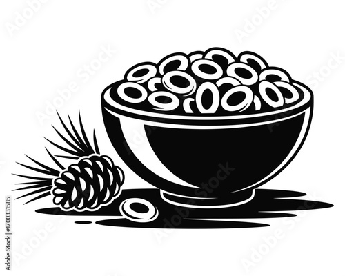 Black and white illustration of a bowl filled with round breakfast cereal next to a pine cone and pine needles
