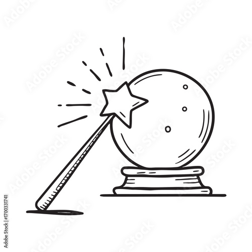 An illustration of wand beside a glowing orb