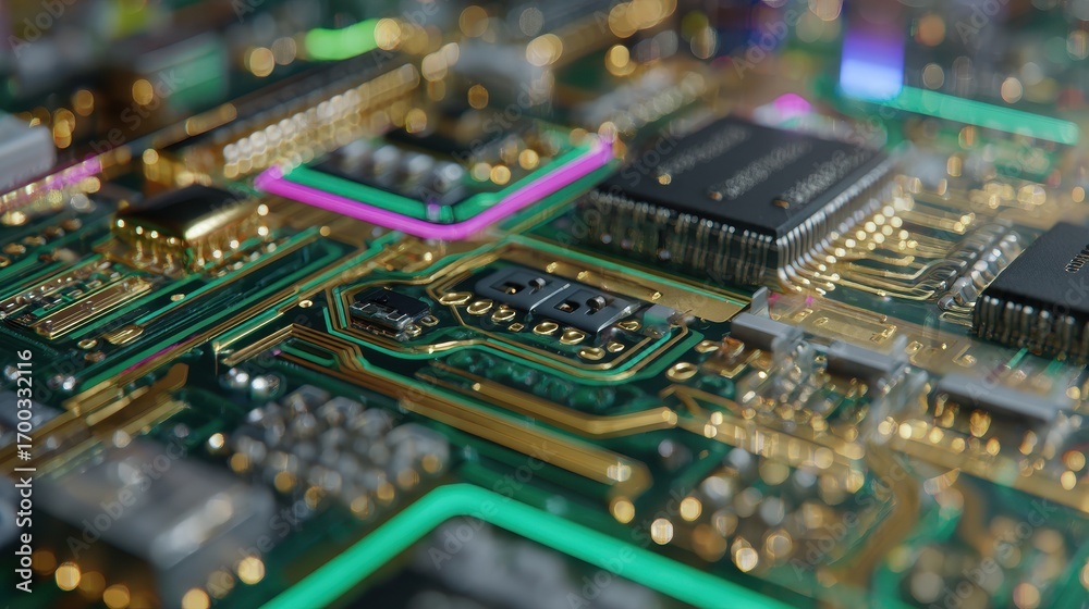 Fototapeta premium Macro view of a futuristic green circuit board with glowing microchips and golden electronic components on a motherboard