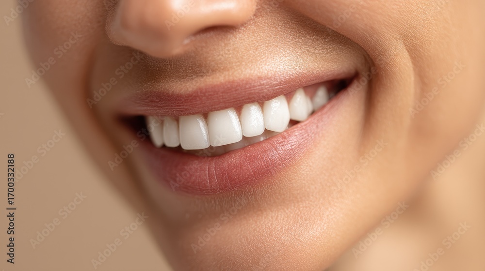 Fototapeta premium Close up of a beautiful woman's smile with perfect white teeth and healthy lips for a dental care and oral hygiene concept