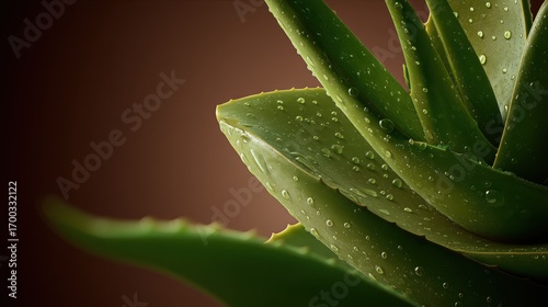 Close up of fresh green aloe vera leaves with glistening water droplets on a dark brown background for natural skincare and wellness