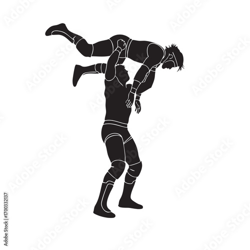 Minimalist Vector Illustration of Two Wrestlers in Action in Monochrome Style