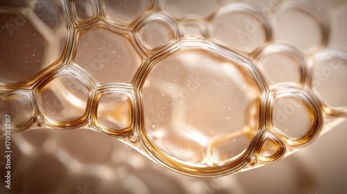Abstract macro background of golden liquid bubbles forming a cellular structure, cosmetic serum or oil foam texture with shimmering particles