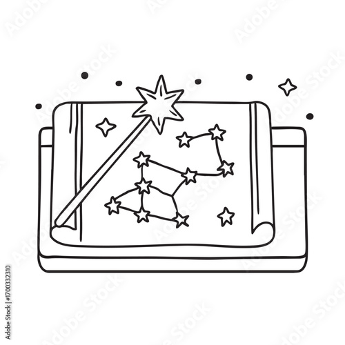 An illustration of wand on a desk with a map of constellations