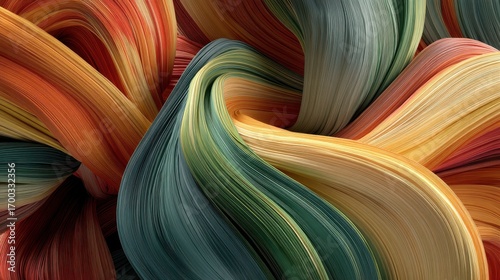 Dynamic abstract art with flowing colorful ribbons and interwoven threads in warm orange, green, and yellow hues forming a complex textured pattern