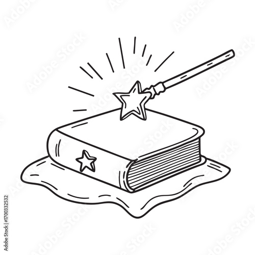 An illustration of wand on a velvet cloth with a spell book