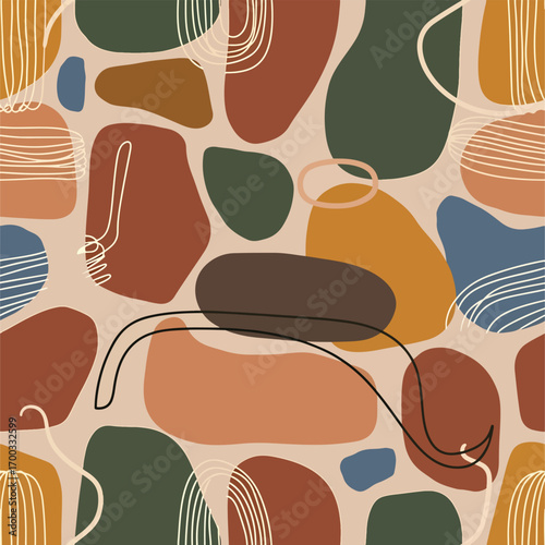 Abstract earth tone organic shapes pattern with lines and geometric forms, patern seamless, Stock royalty free.