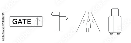 Airport gate sign direction guidance passenger control luggage baggage suitcase travel tourism navigation pathway runway terminal journey symbol icon vector illustration set.