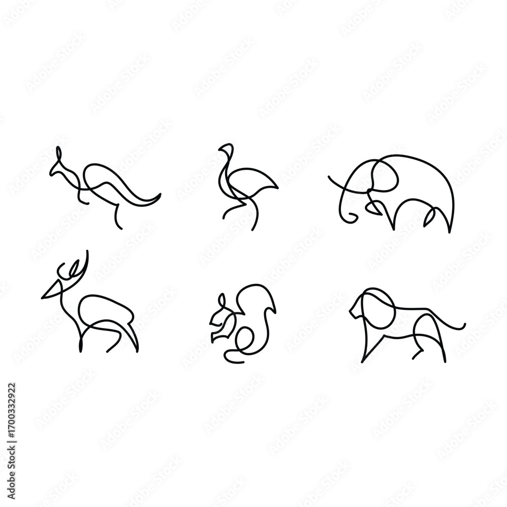 Fototapeta premium single line art collection of Animal icons. Animal icons set. Isolated on White background 