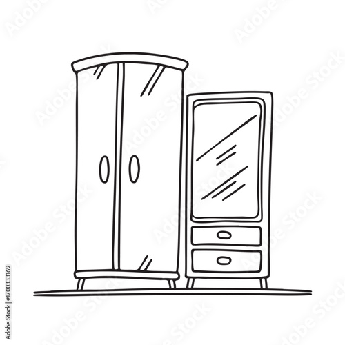 An illustration of wardrobe beside a full-length mirror