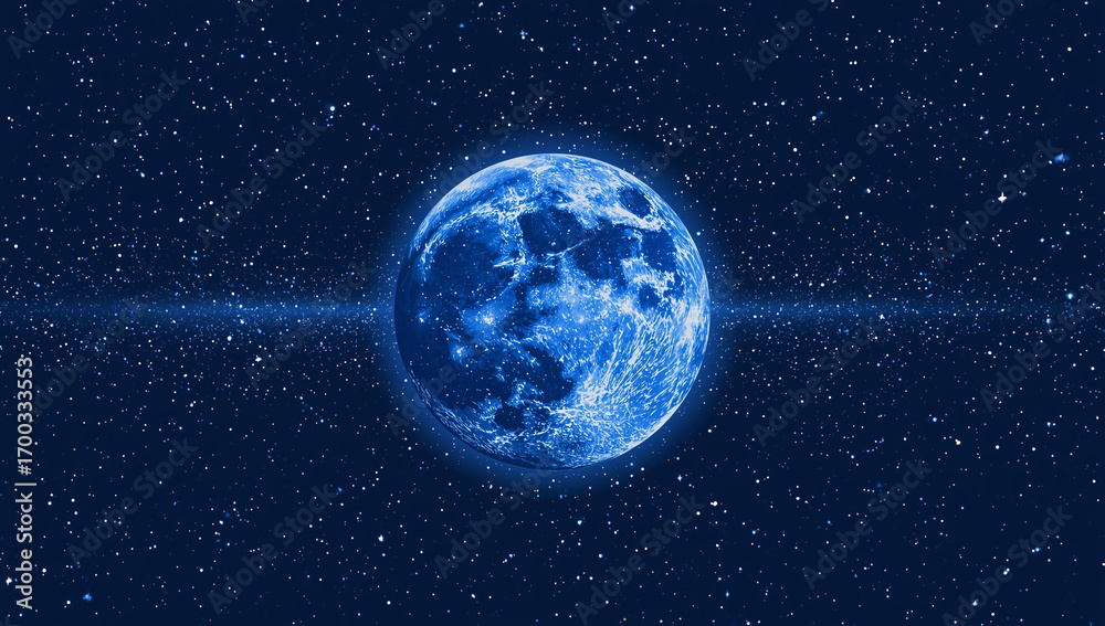 Fototapeta premium Digital artwork featuring a stylized, blue-tinted depiction of the moon set against a starry background.