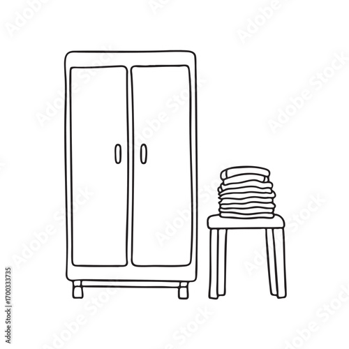 An illustration of wardrobe beside a stool with folded shirts