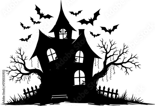 Haunted House Silhouette with Bats and Bare Tree