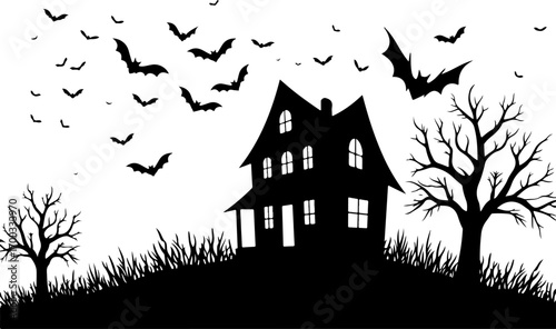 Haunted House Silhouette with Bats and Bare Tree