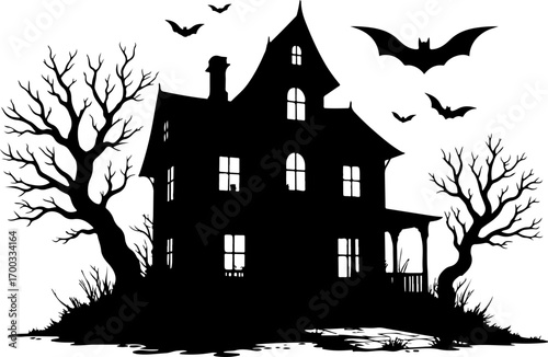 Haunted House Silhouette with Bats and Bare Tree