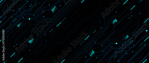 Abstract slash blue circuit board technology connected lines electronics elements computer motherboard digital on black background vector