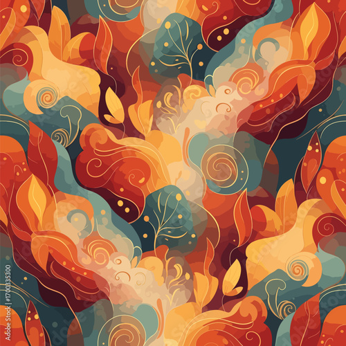 Abstract autumn pattern featuring swirling leaves and organic shapes in warm tones, patern seamless, Stock royalty.