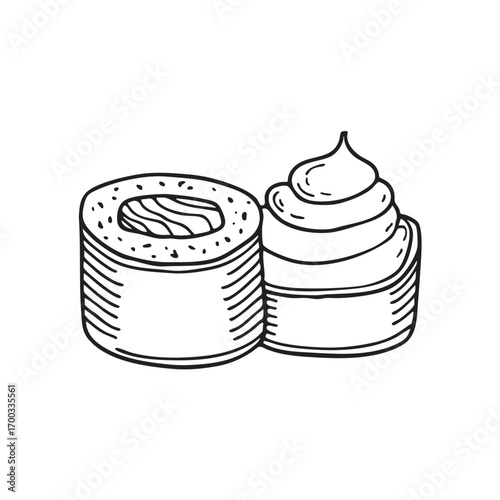 An illustration of wasabi beside a sushi roll