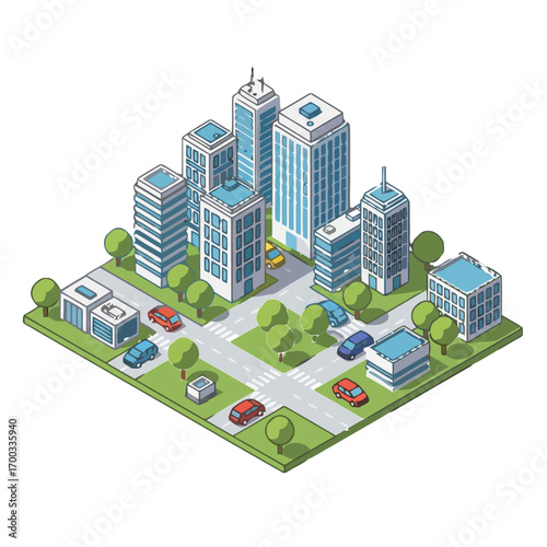 Vector art of isometric city with modern buildings and cars, a vibrant urban landscape with a mix of residential and commercial