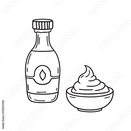An illustration of wasabi beside a soy sauce dish
