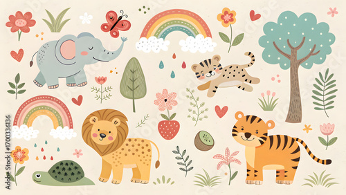 Fototapeta Naklejka Na Ścianę i Meble -  Adorable watercolor jungle animals rainbow tree flowers butterfly for kids nursery decor and greeting cards