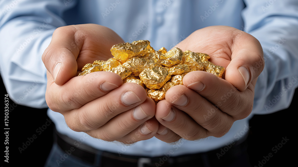 Fototapeta premium Hands holding shiny gold nuggets, symbolizing wealth and prosperity, against dark background, showcasing sense of abundance and value