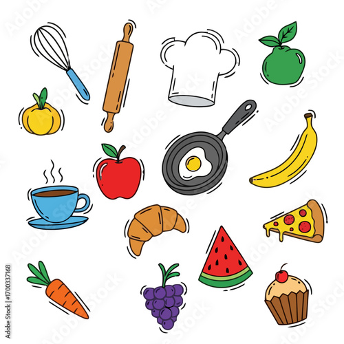 Vector art of set of assorted food and kitchen tools doodles, hand drawn culinary illustrations for menu or recipe design projects