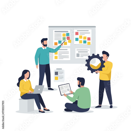 Vector art of agile team collaborating on project tasks, diverse group of people working together on software development process