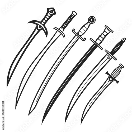 Collection of various sword designs, featuring different styles and shapes, perfect for historical illustrations, fantasy art, or weapon design projects