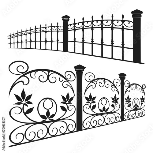 Collection of decorative fence designs, showcasing wrought iron patterns and ornamental details, ideal for landscaping, architectural projects, or garden illustrations