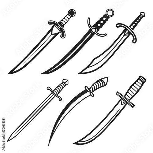 Collection of black and white vector sword illustrations a variety of blade designs, from classic to fantasy, for creative projects