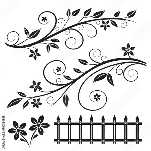 Elegant black and white vector floral ornaments swirling branches, delicate flowers, and a classic picket fence, for creative projects