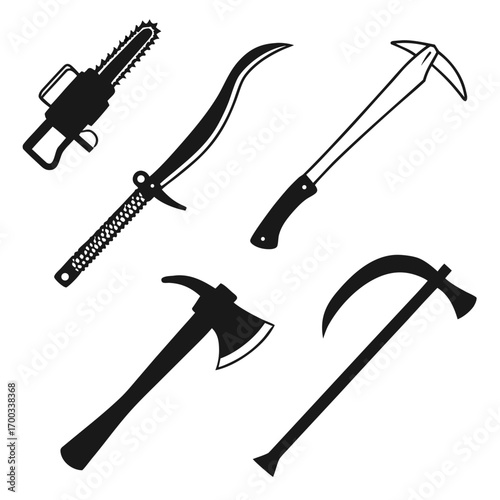 A collection of various forestry tools, including a chainsaw, billhook, ice axe, felling axe, and scythe, all rendered in a simple black and white vector style