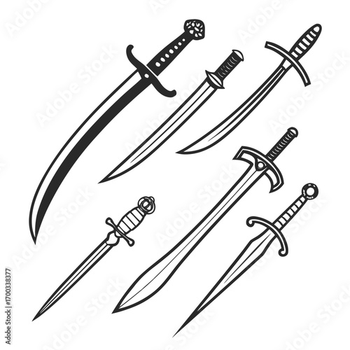 Collection of medieval swords, each with unique design and historical significance, representing the era of knights and chivalry