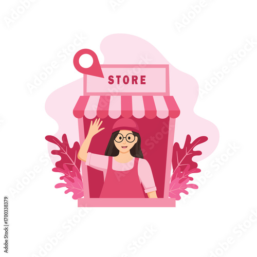 Flat Cartoon Vector Illustration of Smiling Woman Shopkeeper Standing in Front of Store with Awning for Small Business, Retail, and Market Design